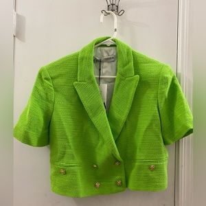 Zara Neon Green Tweed Cropped Blazer